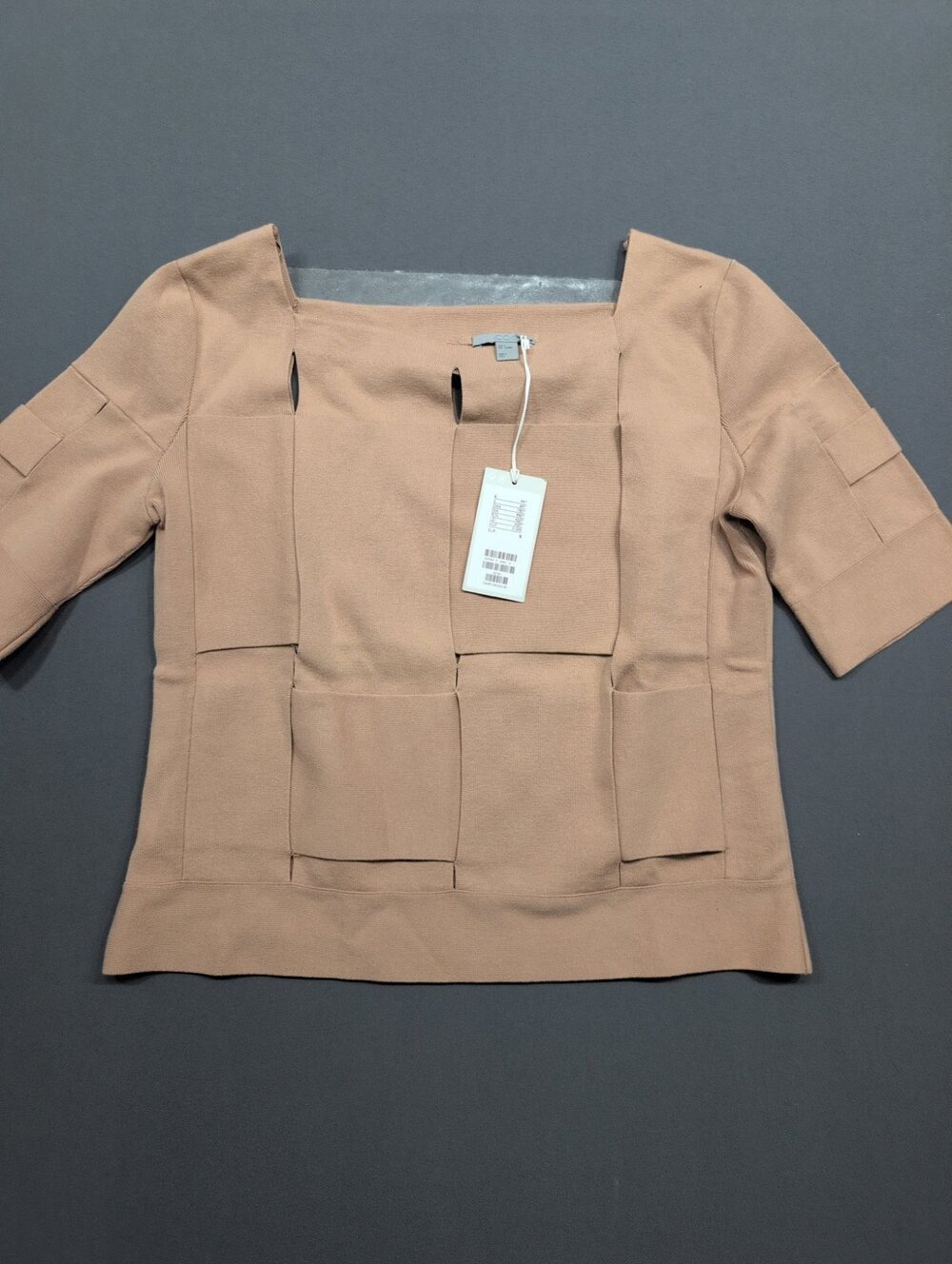 COS Women's Woven Panel Knit Top Camel S Square Neck 3/4 Slv